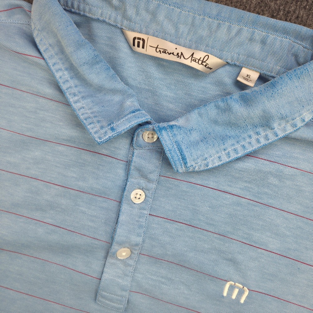 TravisMathew Polo Mens XL Blue Pima Cotton Blend Striped Golf Shirt Short Sleeve